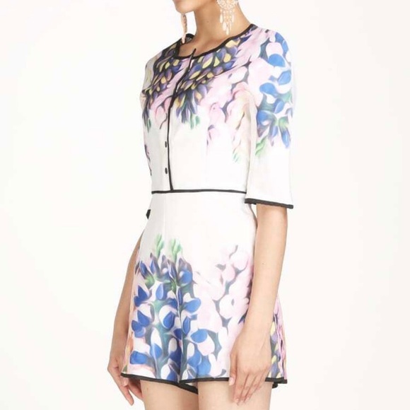 White Half Sleeve Contrast Trims Floral Jumpsuit romper - Picture 3 of 8